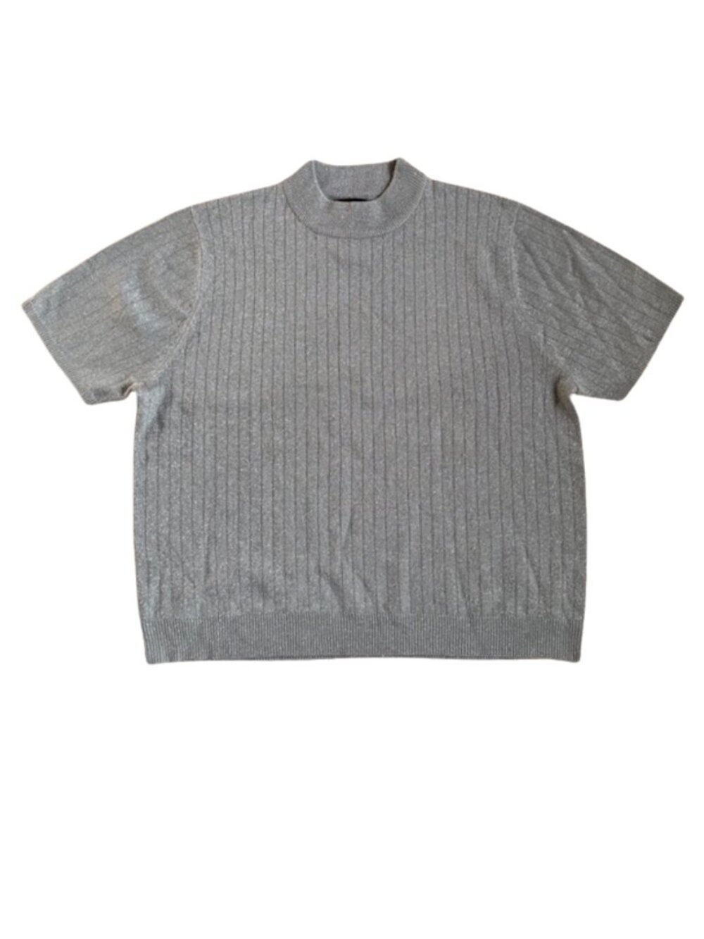 Sag Harbor Ribbed Knit Short Sleeve Sweater | Size Large | Gray Mock Neck Top
